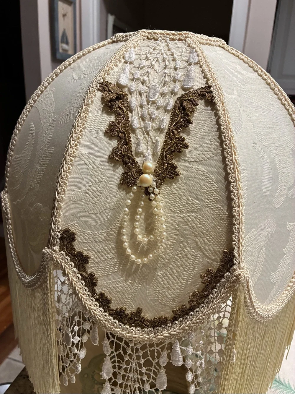Victorian Style Lamp Shade, With fringes & Pearls
